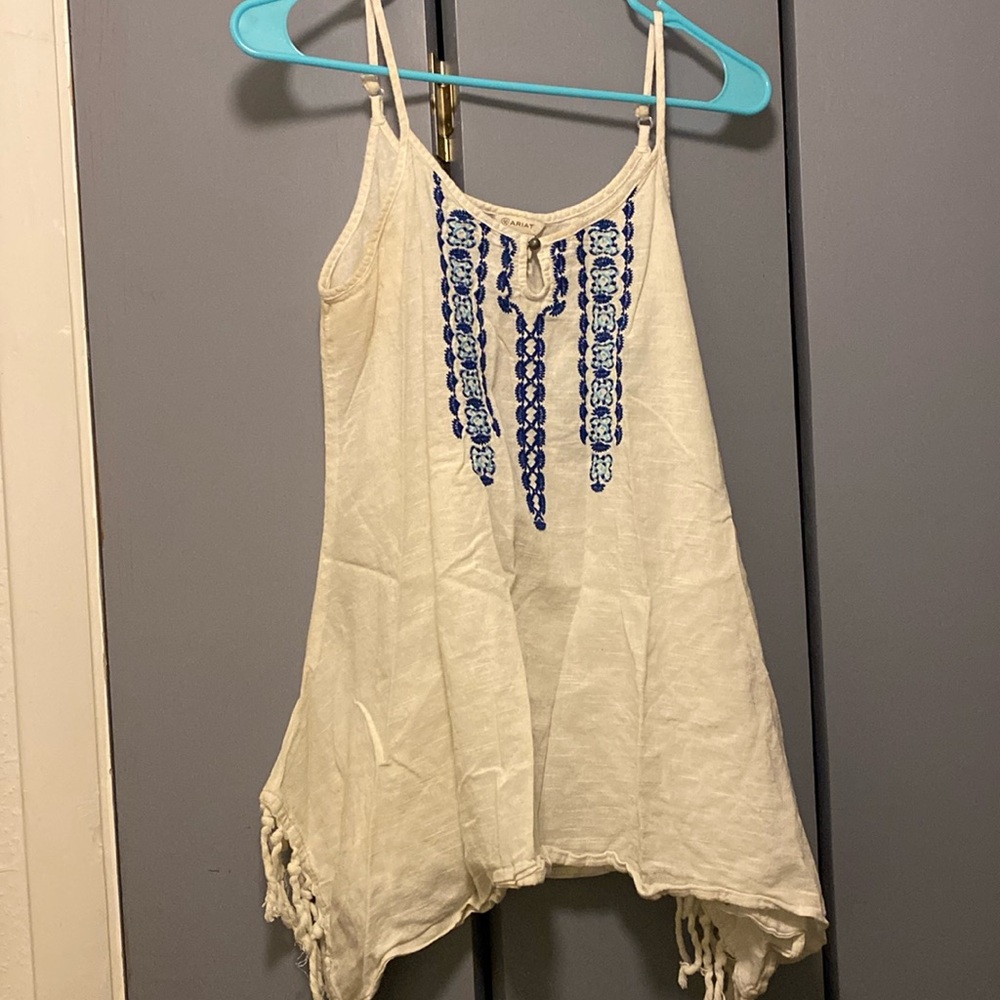 Ariat Tank Top, white with blue embroidery, size small